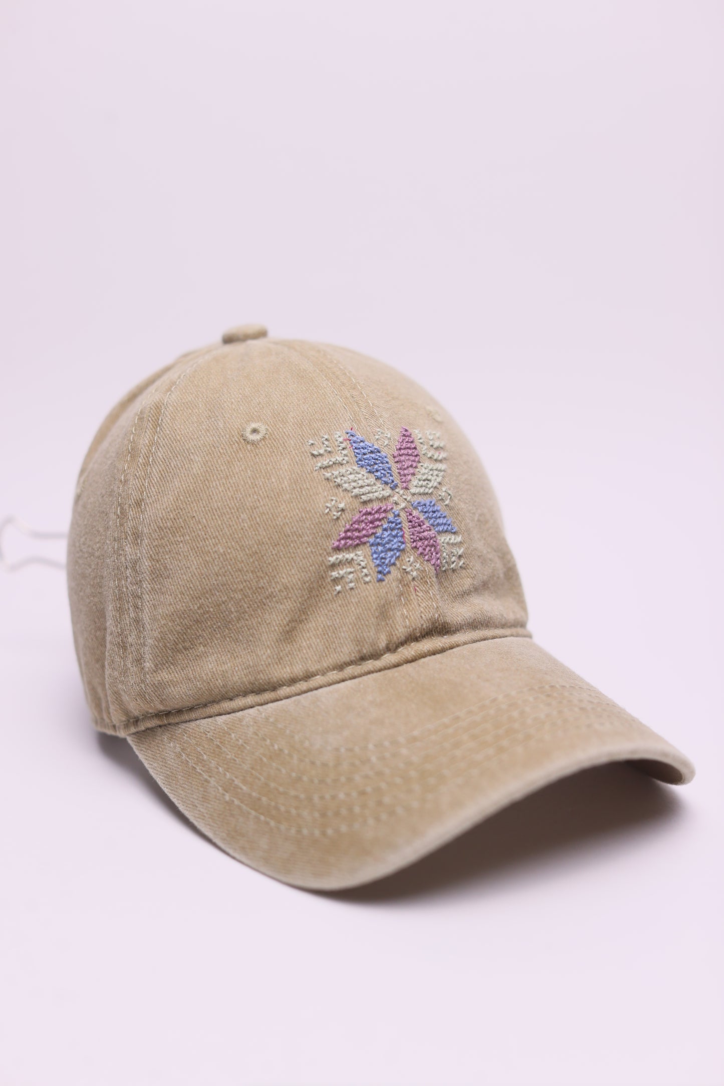 Beige Pastel star hand embroidered cap
