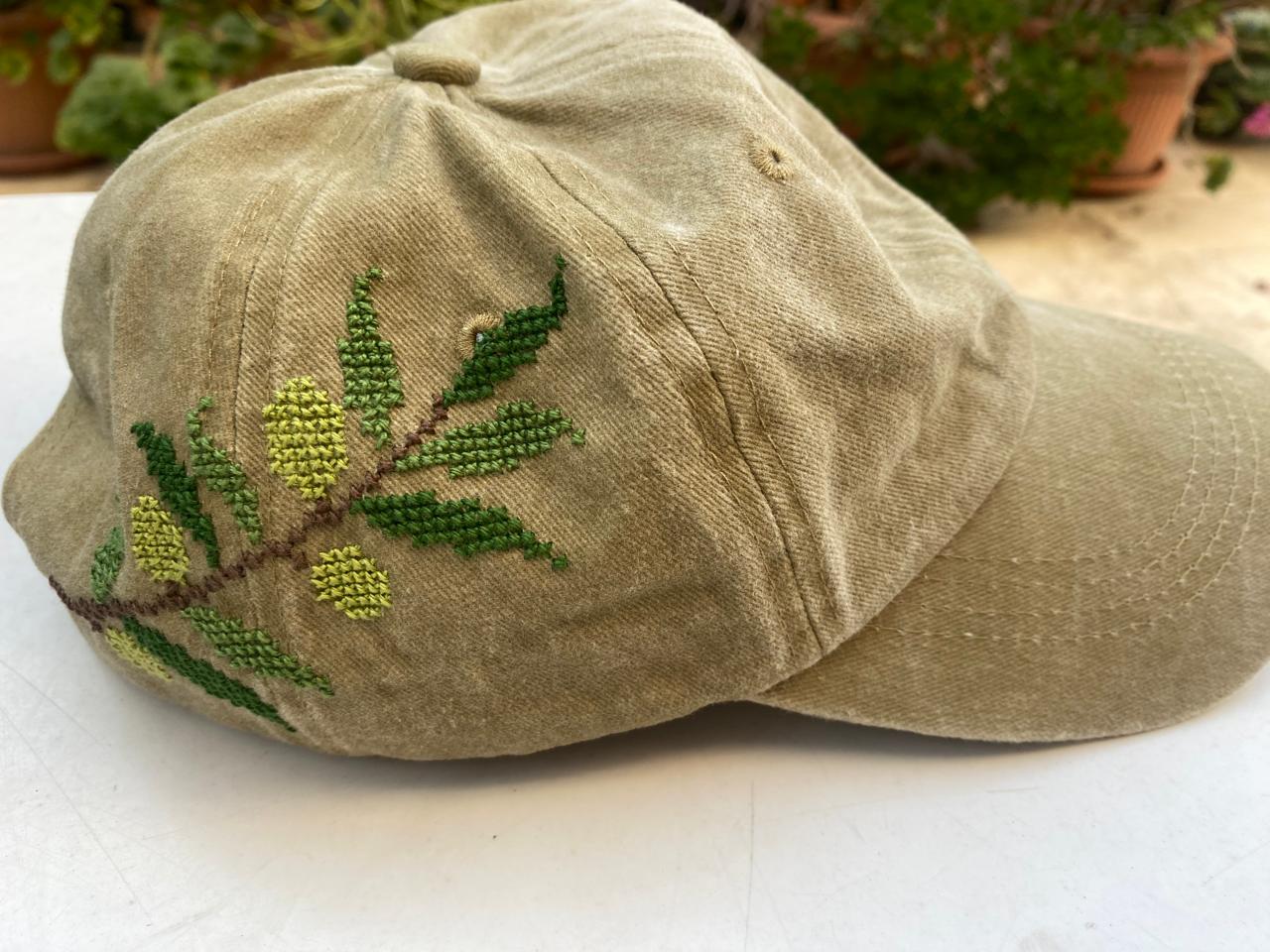 Beige olive branch hand embroidered cap