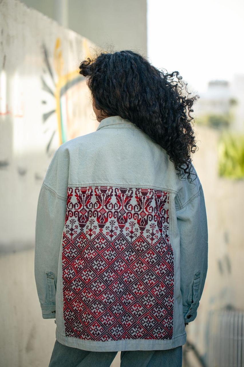 Halimeh red hand embroidered denim jacket