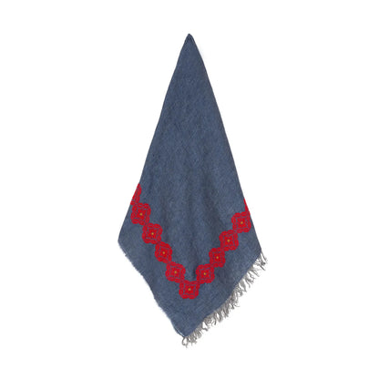 BLUE LINEN SHAWL SQUARE RED POPPY