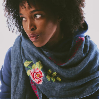 BLUE LINEN SHAWL IBRAHIM + HANA ROSE