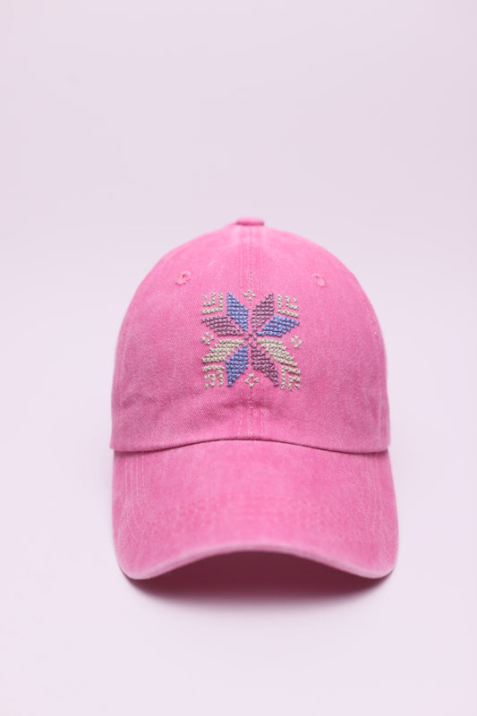 Pink star hand embroidered cap