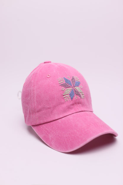 Pink star hand embroidered cap