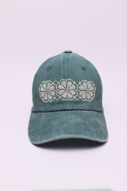Green Poppy flower hand embroidered cap