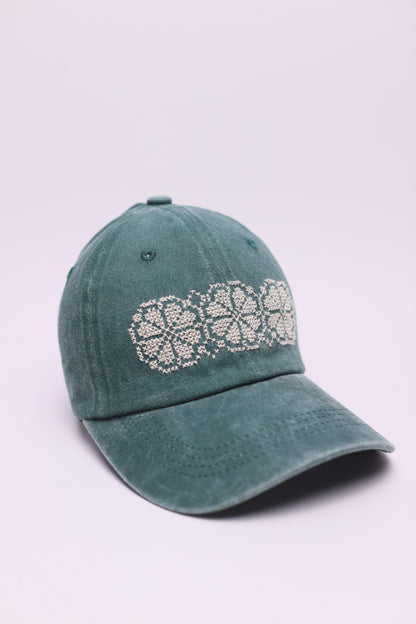 Green Poppy flower hand embroidered cap