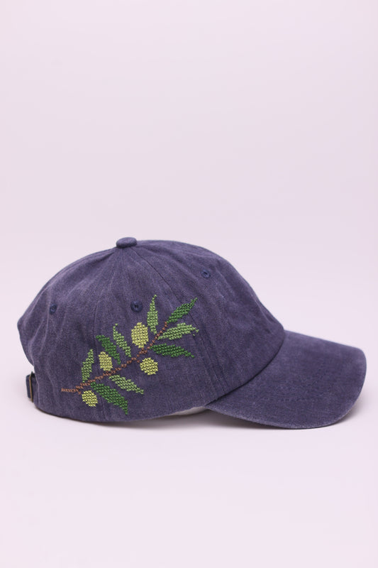 Navy olive branch hand embroidered cap