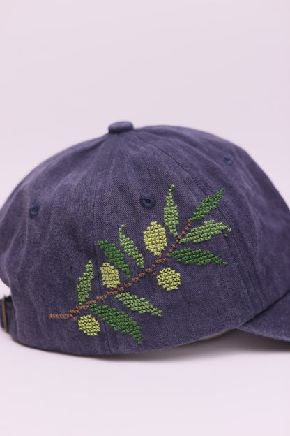 Navy olive branch hand embroidered cap