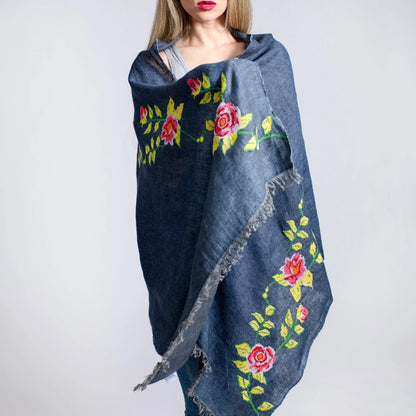 SEP BLUE LINEN SHAWL HANA ROSE